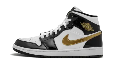 Jordan 1 Mid Patent Black White Gold