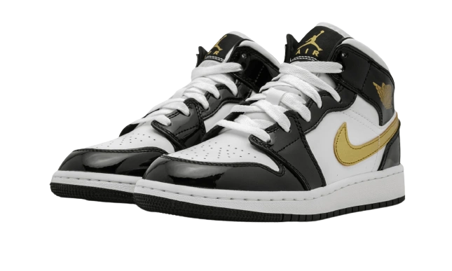 Jordan 1 Mid Patent Black White Gold (GS) - Image 1