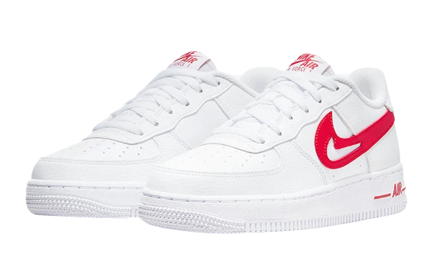 Nike Air Force 1 Low White Red Cut-Out Swoosh (GS) - Image 1