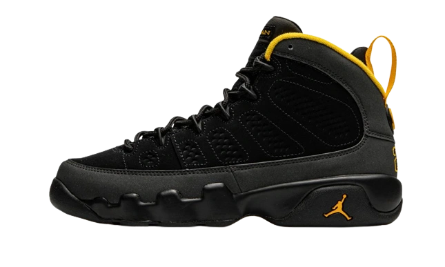 Jordan 9 Retro Dark Charcoal University Gold (GS) productfoto