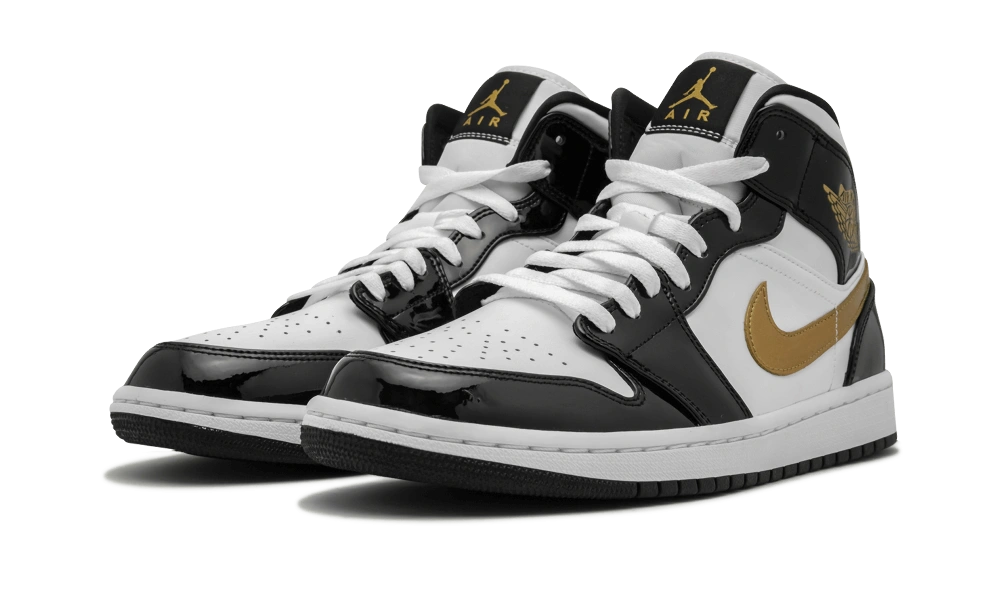 Jordan 1 Mid Patent Black White Gold - Image 1