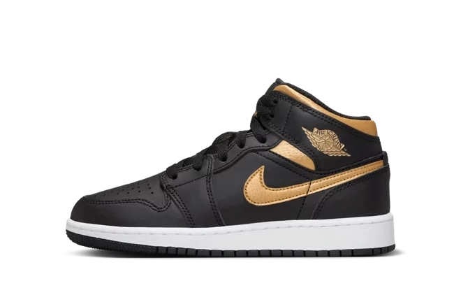 Photo du produit Jordan 1 Mid Black Metallic Gold Swoosh (GS)