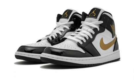 Jordan 1 Mid Patent Black White Gold