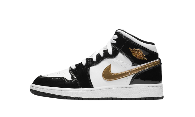 Jordan 1 Mid Patent Black White Gold (GS)